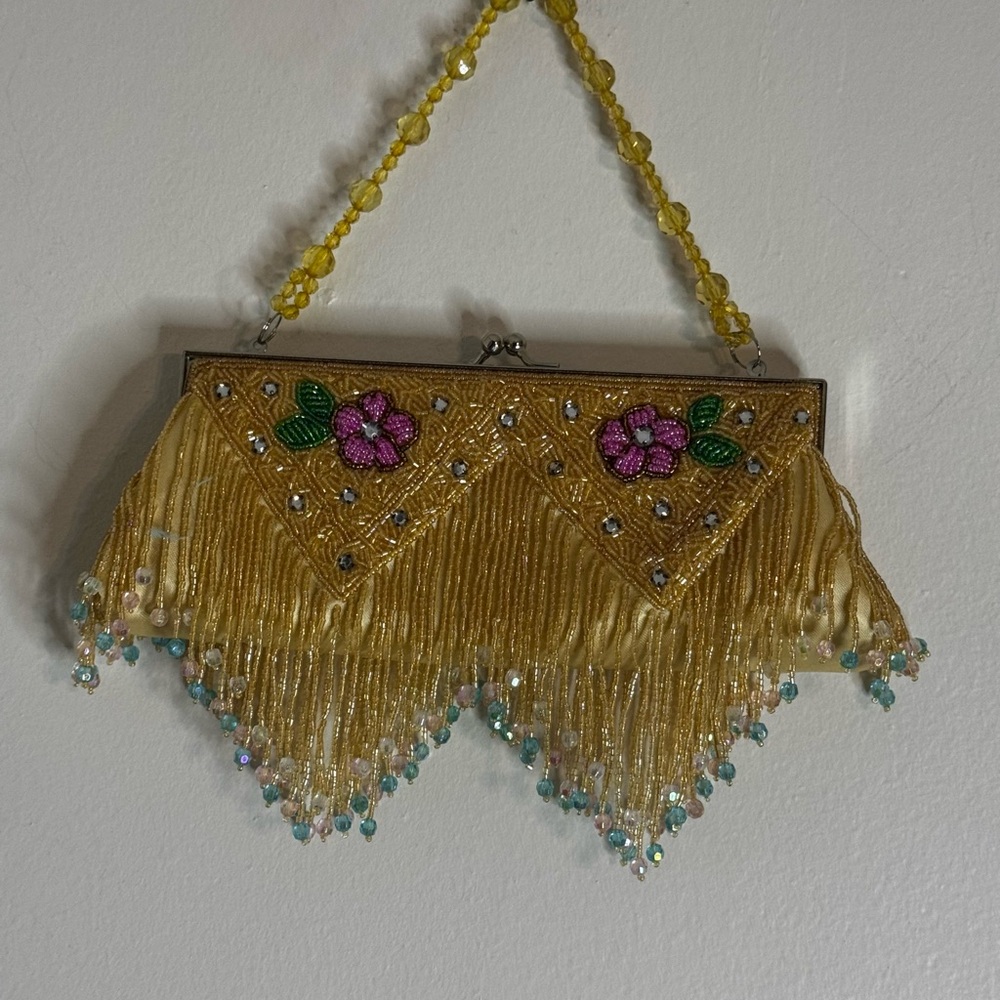 Vintage Floral Gold Beaded Clutch with Beaded Fringe